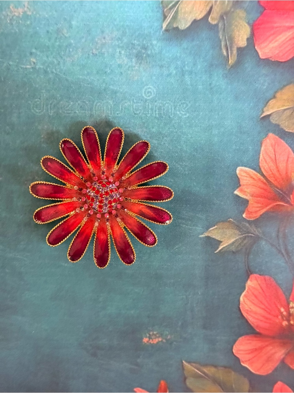 Red Floral Enamel Brooch.